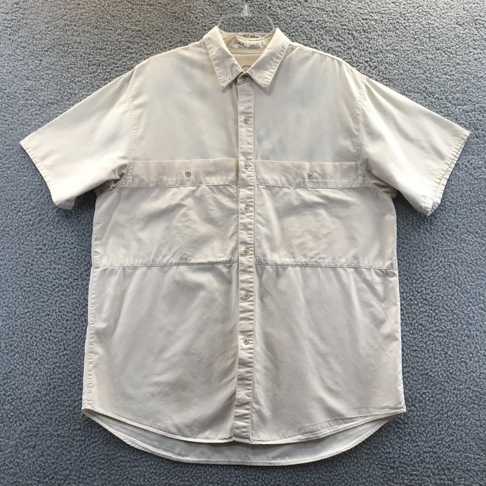 Corum by Van Heusen Shirt Mens L Casual Button Up Short Sleeve Safari Theme Flaw